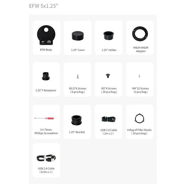 Roue à filtres ZWO EFW‑25 : 5x31,75 mm / 31 mm pour astrophotographie