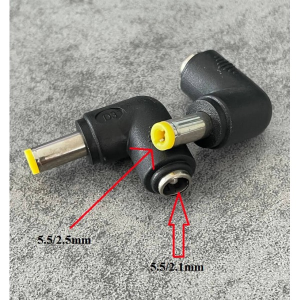 Adaptateur coudé pour alimentation : 5.5/2.1 mm vers 5.5/2.5 mm