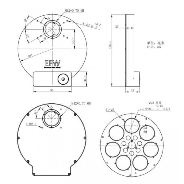 Roue ZWO à filtre 7 positions en 36 mm motorisée