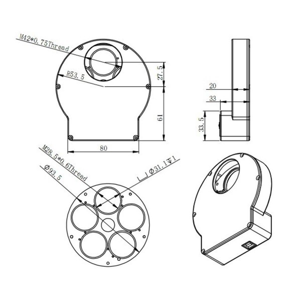 Roue ZWO à filtre 5 positions en 31.75 ou 31 mm motorisée