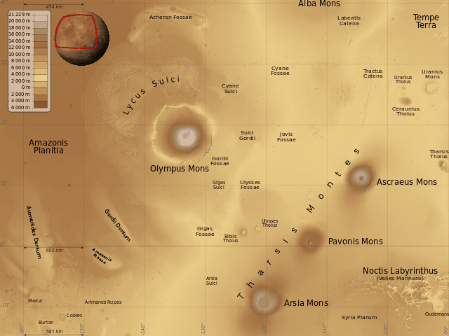carte region olympus mons et chaine de tharsis montes planete mars