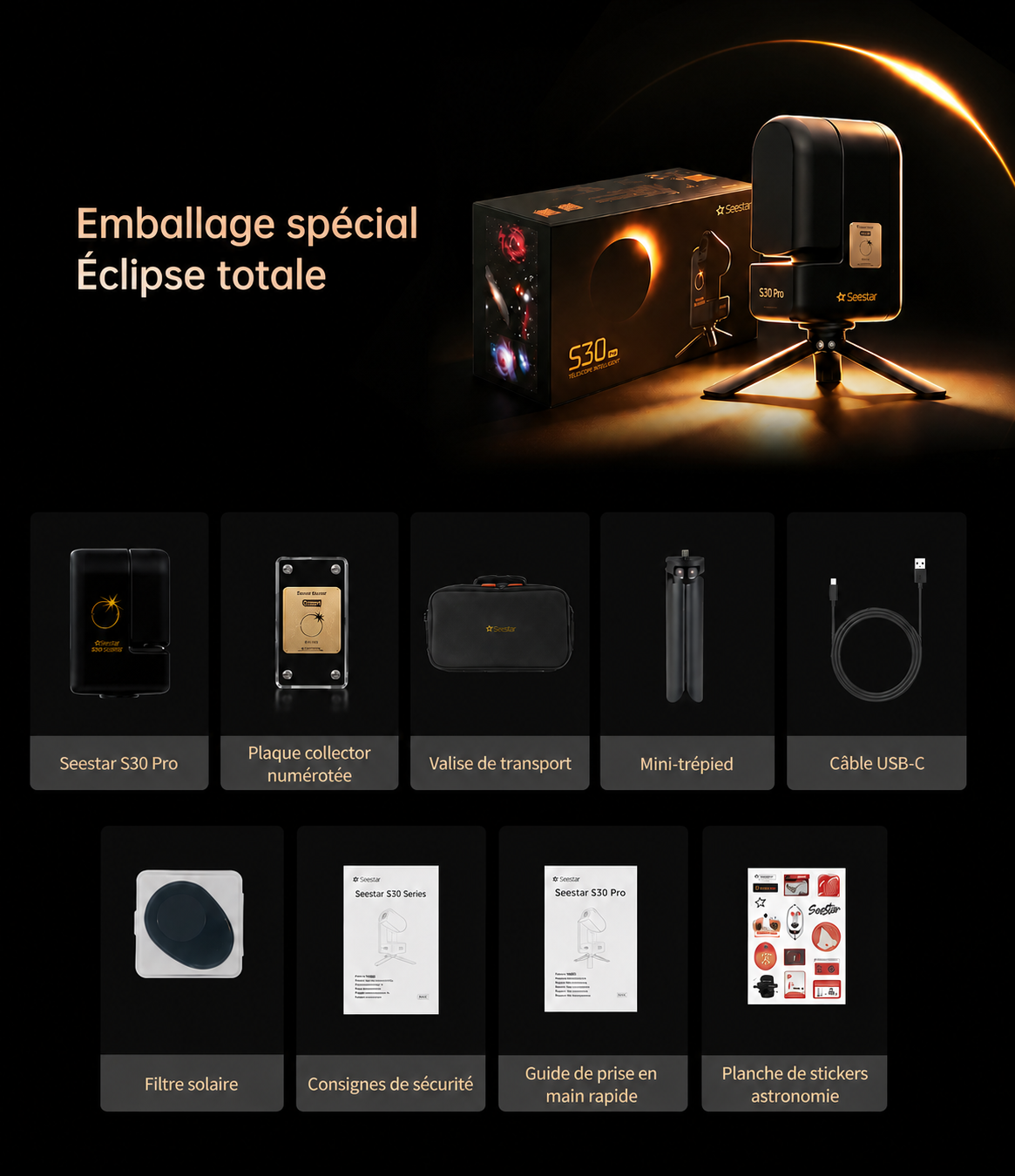 Contenu du coffret du télescope intelligent ZWO Seestar S30 Pro Édition Éclipse avec filtre solaire, trépied, valise et plaque collector numérotée