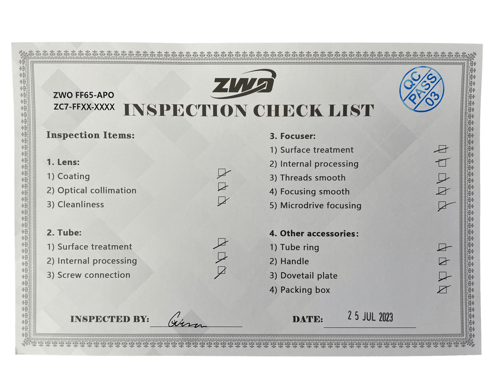 Certificat de qualité ZWO