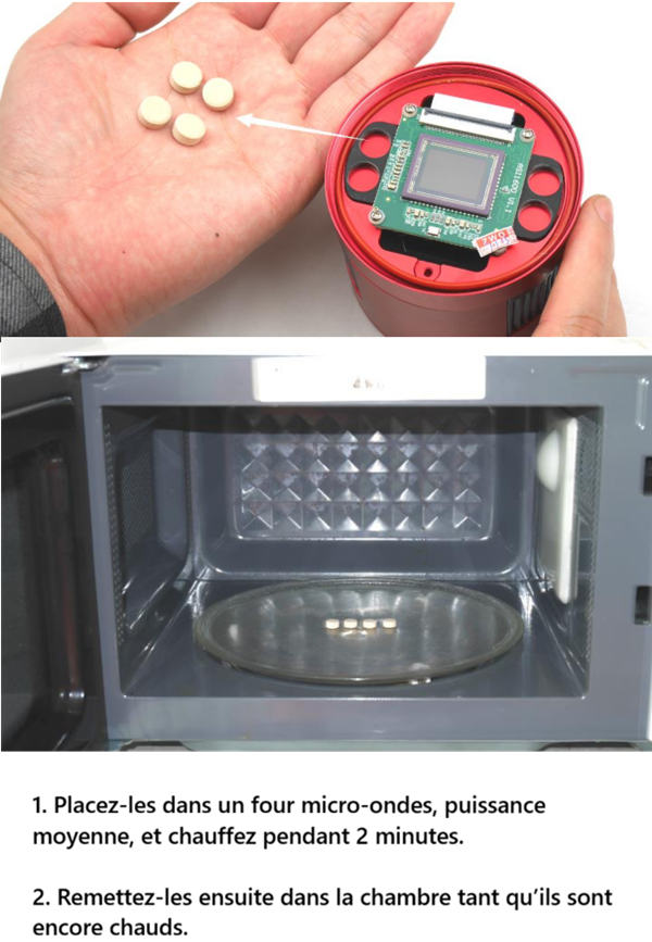 Retrait du dessicant d'une cam&eacute;ra refroidie ZWO, chauffage au micro-ondes puis remise dans la cam&eacute;ra