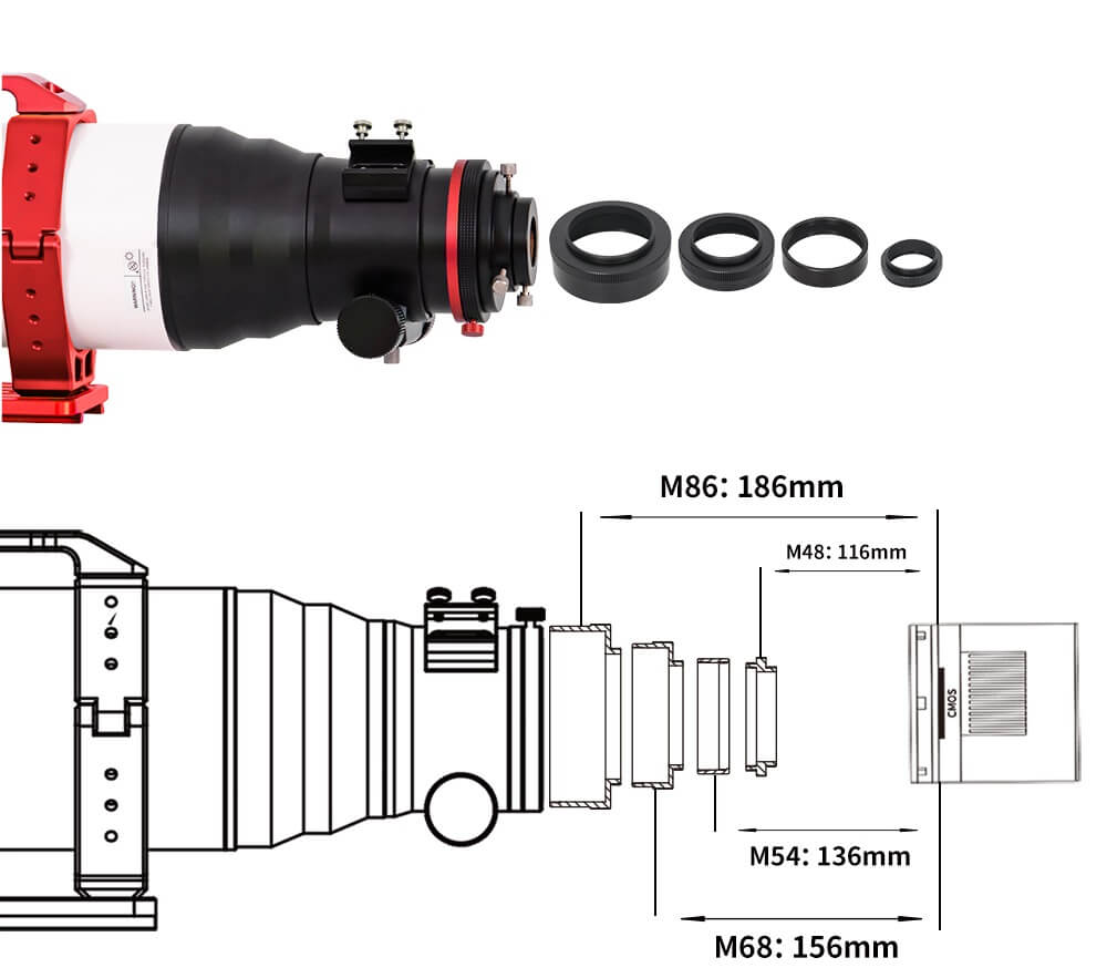 Photo et schéma des adaptateurs photo de la lunette apo quadruplet ff130 zwo