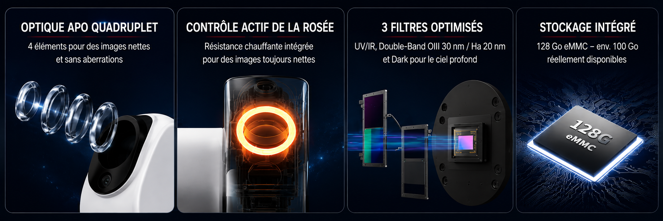 Seestar S50 Pro ZWO – optique APO quadruplet, contrôle de la rosée, filtres intégrés et stockage 128 Go