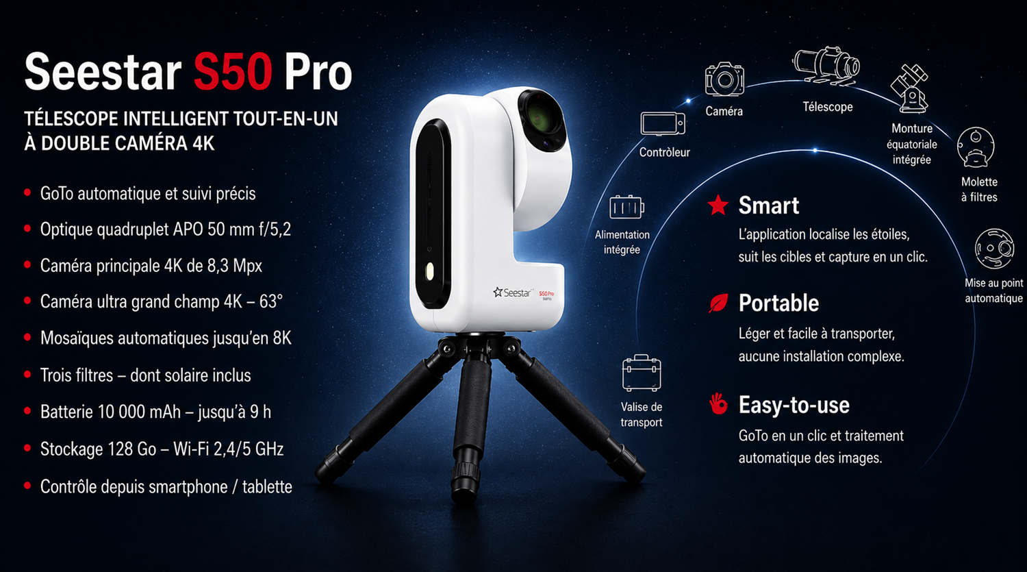 Télescope intelligent ZWO Seestar S50 Pro avec double caméra 4K et trépied carbone